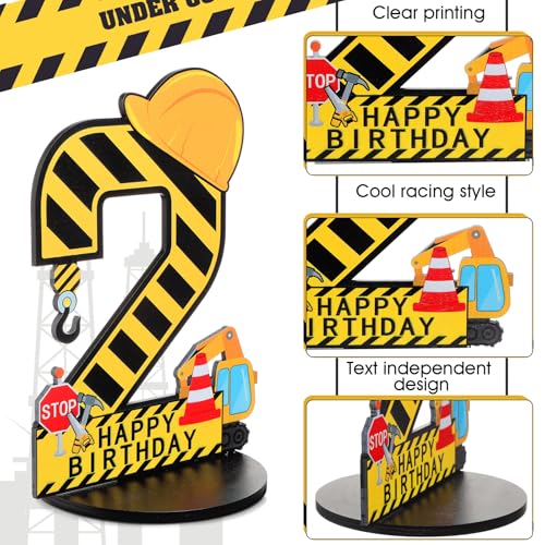 MiniInflat Construction 2nd Birthday Wooden Number Sign Centerpiece with Helmet and Excavator – Yellow