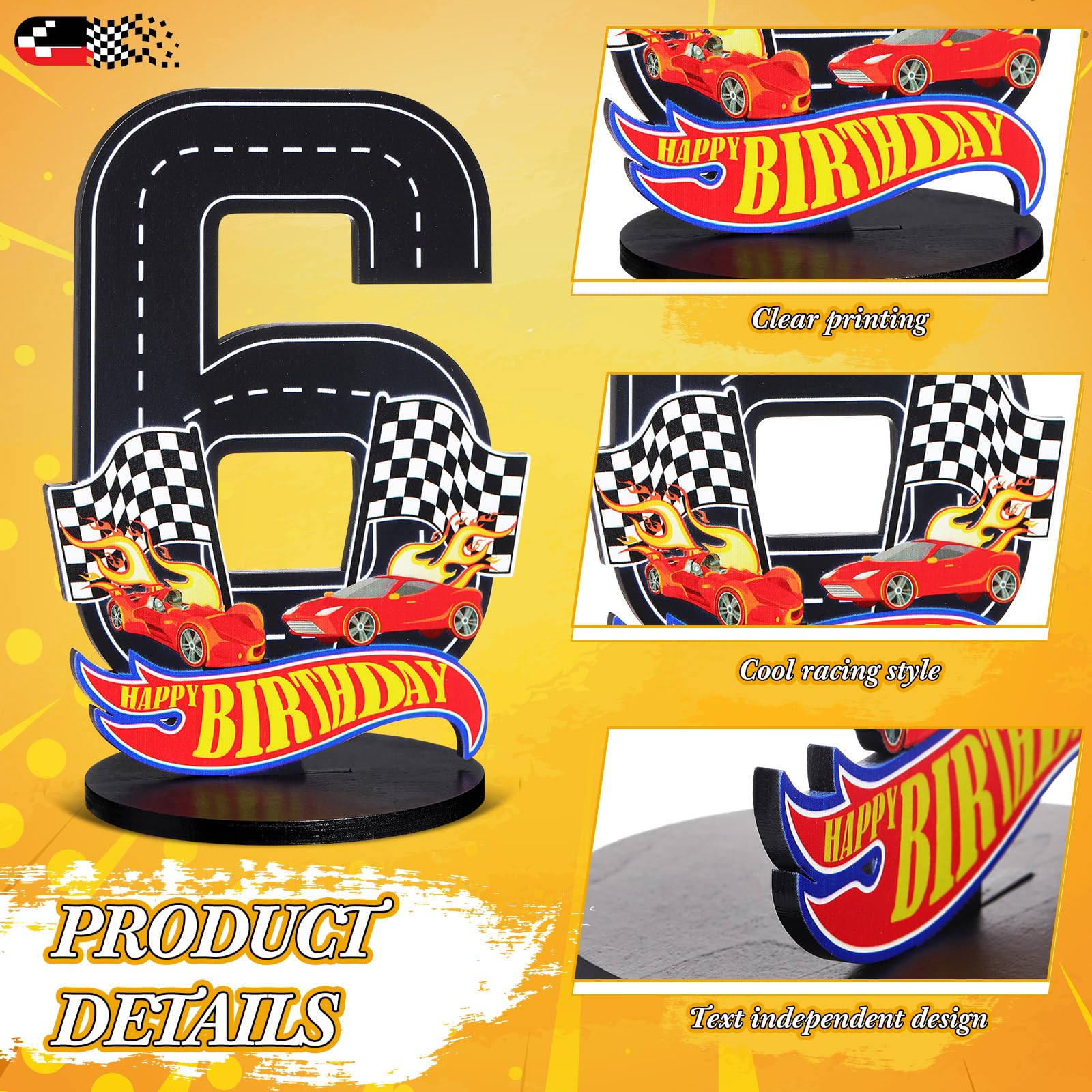 MiniInflat Wooden Race Car Number 6 Sign for 6th Birthday Party Table Decoration