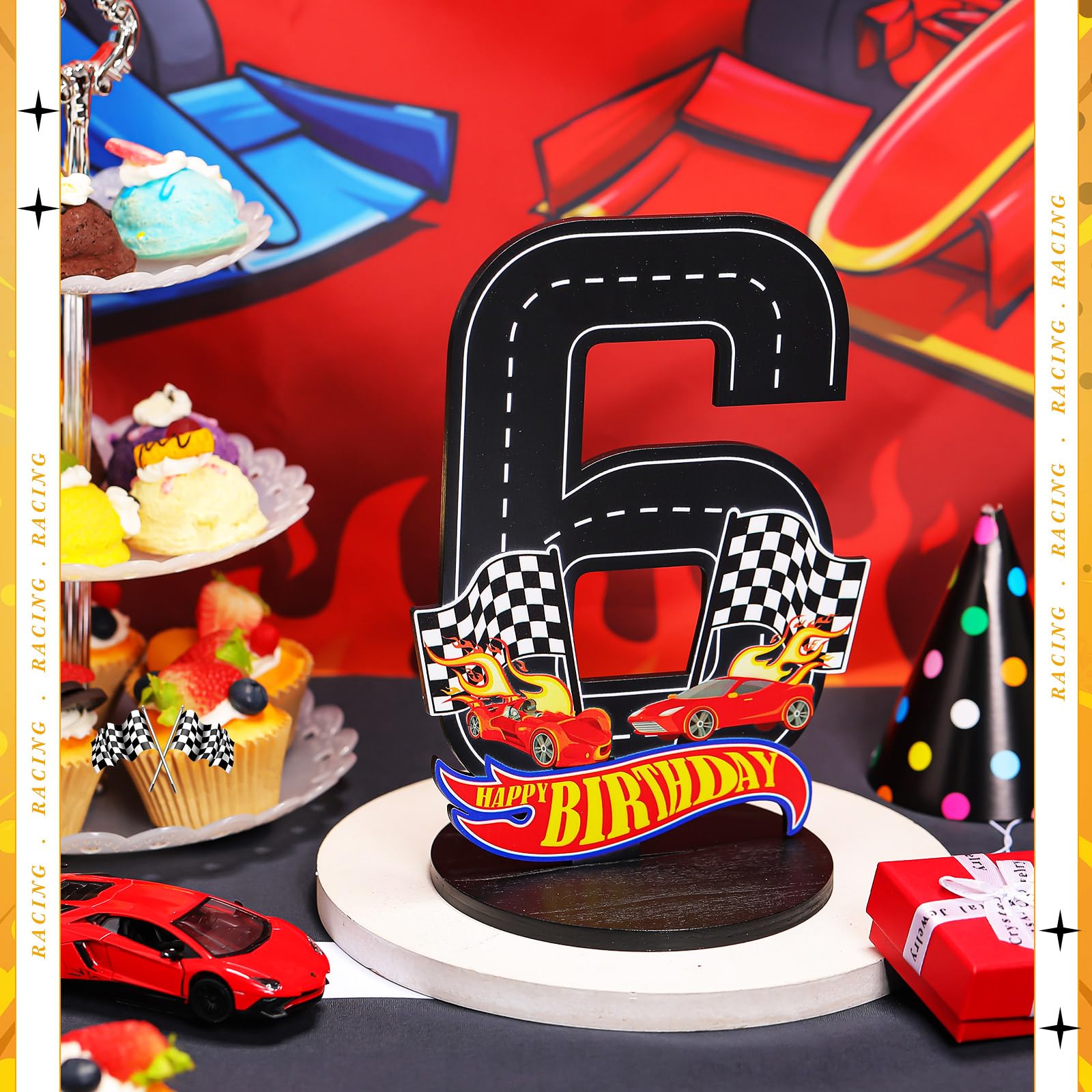MiniInflat Wooden Race Car Number 6 Sign for 6th Birthday Party Table Decoration