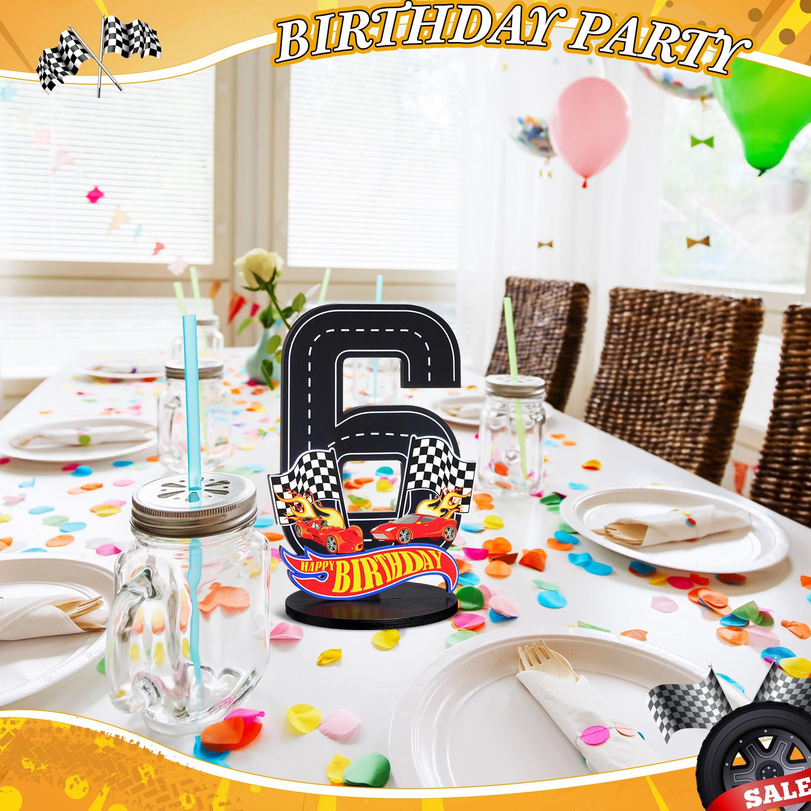 MiniInflat Wooden Race Car Number 6 Sign for 6th Birthday Party Table Decoration