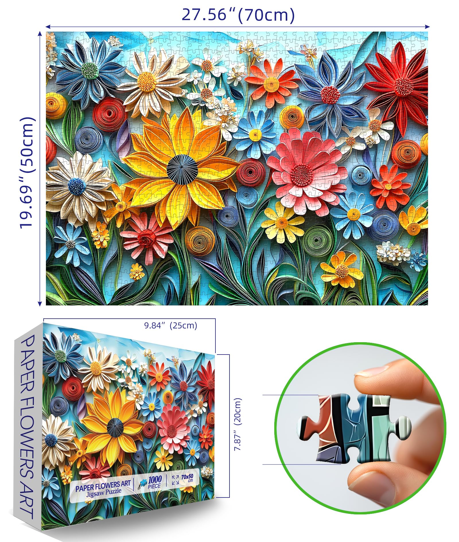 MINIWAN 1000-Piece Flower Jigsaw Puzzle with 3D Quilled Art Design, Back Letter Sorting, and Reference Poster – 27.5x19.7 Inches
