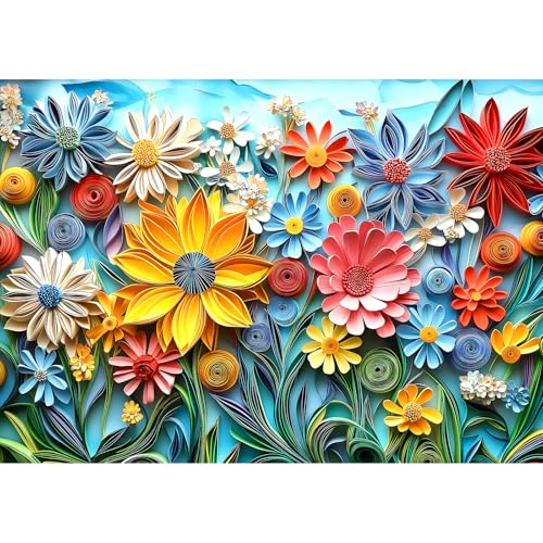 MINIWAN 1000-Piece Flower Jigsaw Puzzle with 3D Quilled Art Design, Back Letter Sorting, and Reference Poster – 27.5x19.7 Inches