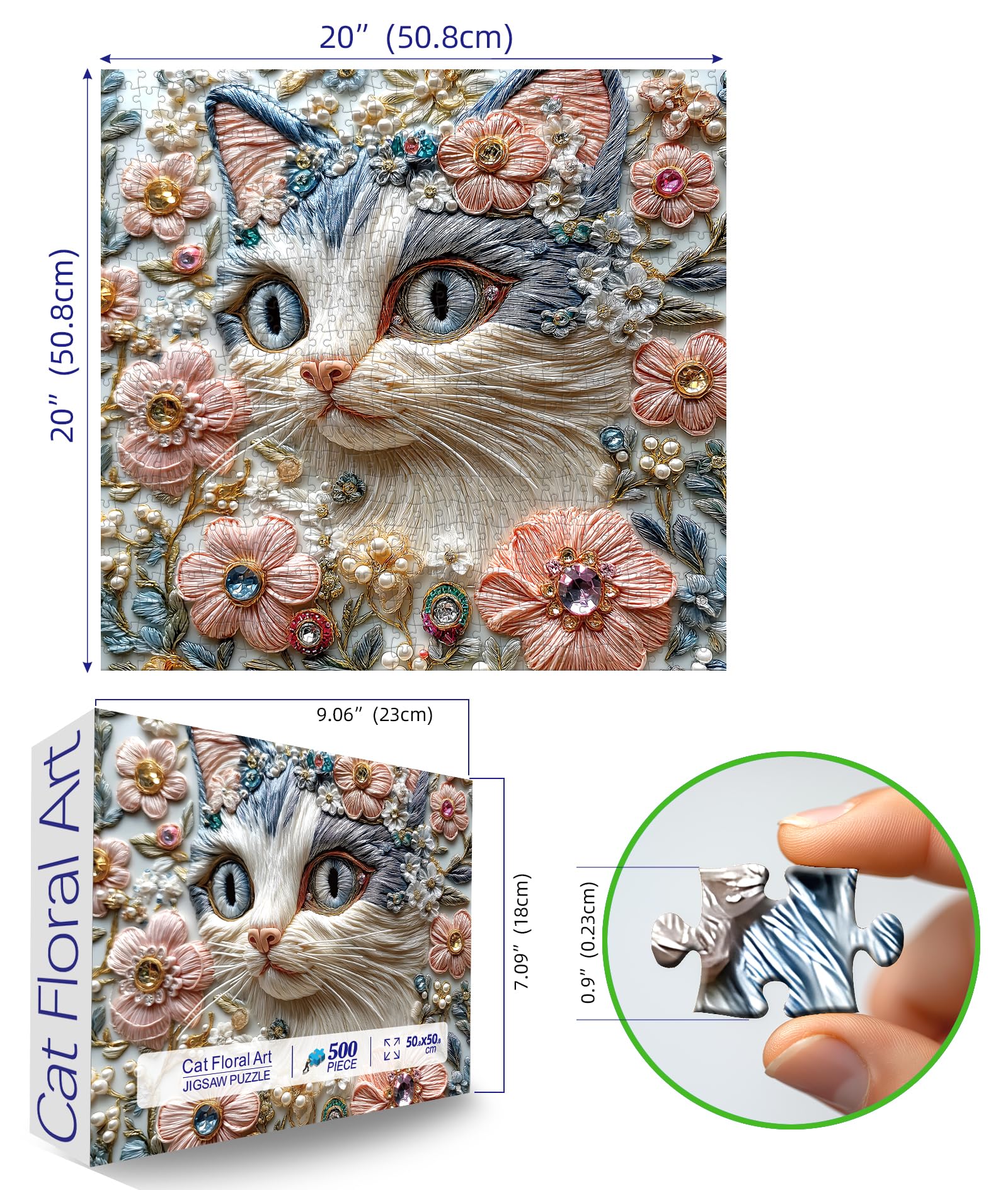 MINIWAN 500 Piece 3D Embossed Cat Floral Jigsaw Puzzle – 20x20 inch, Back Letter Sorting, Reference Poster Included