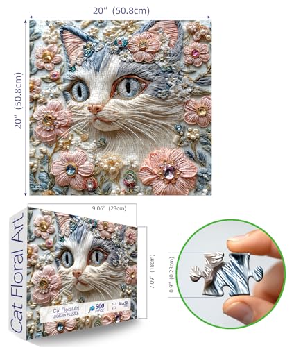 MINIWAN 500 Piece 3D Embossed Cat Floral Jigsaw Puzzle – 20x20 inch, Back Letter Sorting, Reference Poster Included
