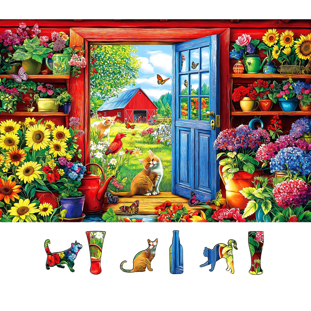 MINIWAN 500 Piece Garden Cat Farmhouse Jigsaw Puzzle – 23x15 Inches, with Poster & Lettered Back