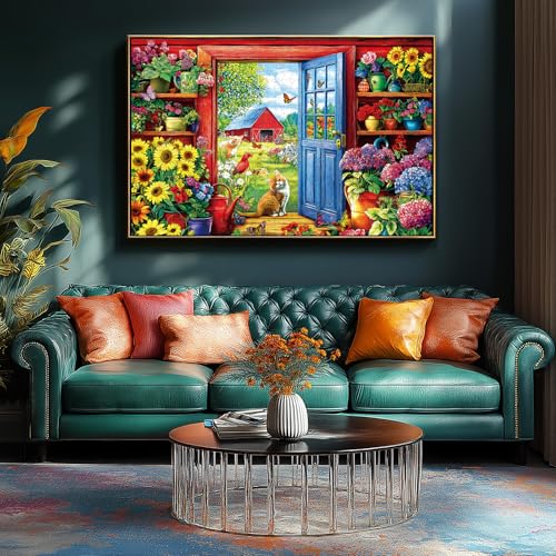 MINIWAN 500 Piece Garden Cat Farmhouse Jigsaw Puzzle – 23x15 Inches, with Poster & Lettered Back