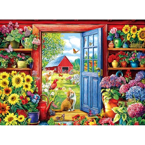 MINIWAN 500 Piece Garden Cat Farmhouse Jigsaw Puzzle – 23x15 Inches, with Poster & Lettered Back