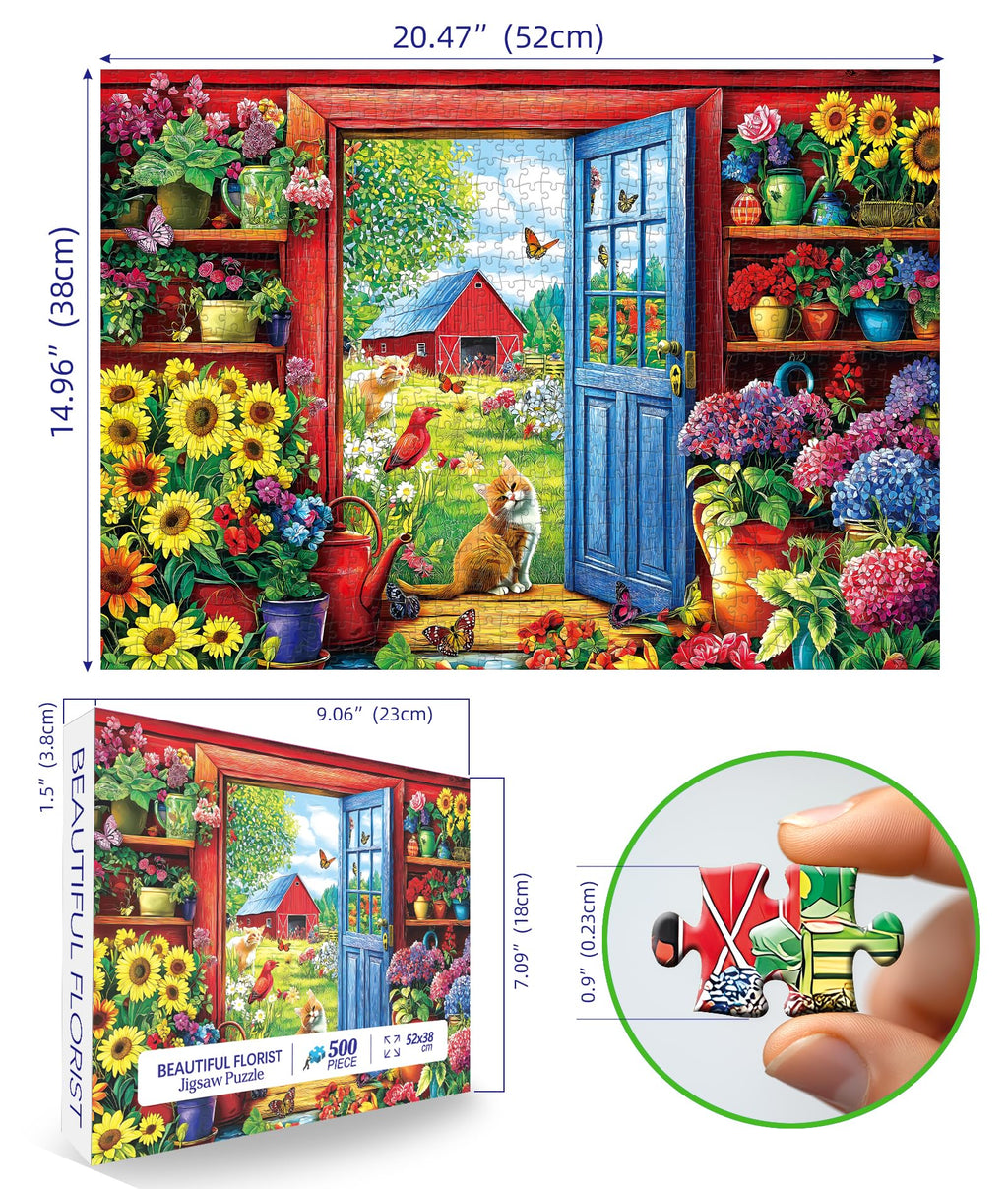 MINIWAN 500 Piece Garden Cat Farmhouse Jigsaw Puzzle – 23x15 Inches, with Poster & Lettered Back