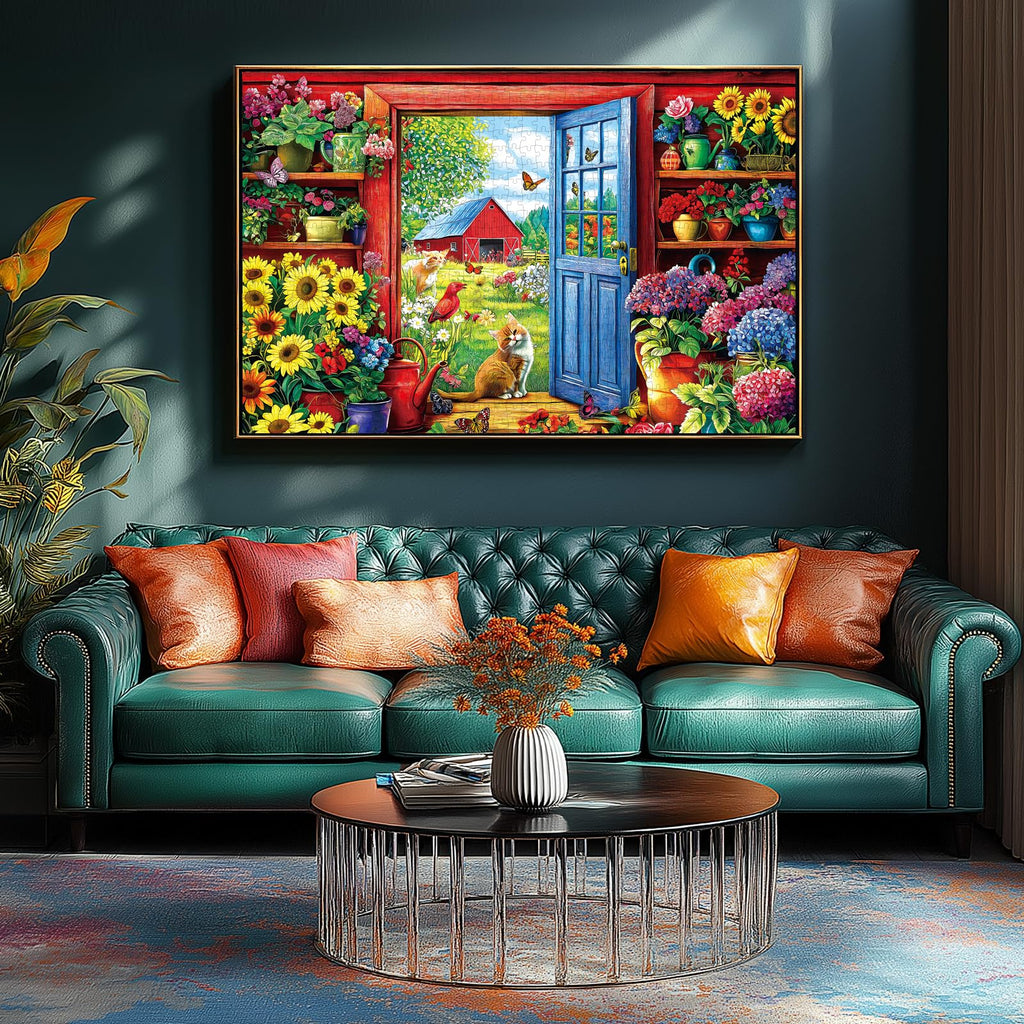MINIWAN 500 Piece Garden Cat Farmhouse Jigsaw Puzzle – 23x15 Inches, with Poster & Lettered Back