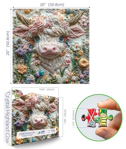 MINIWAN 500-Piece Highland Cow Jigsaw Puzzle – 3D Quilled Art, 20x20 Inch, with Letter Sorting System