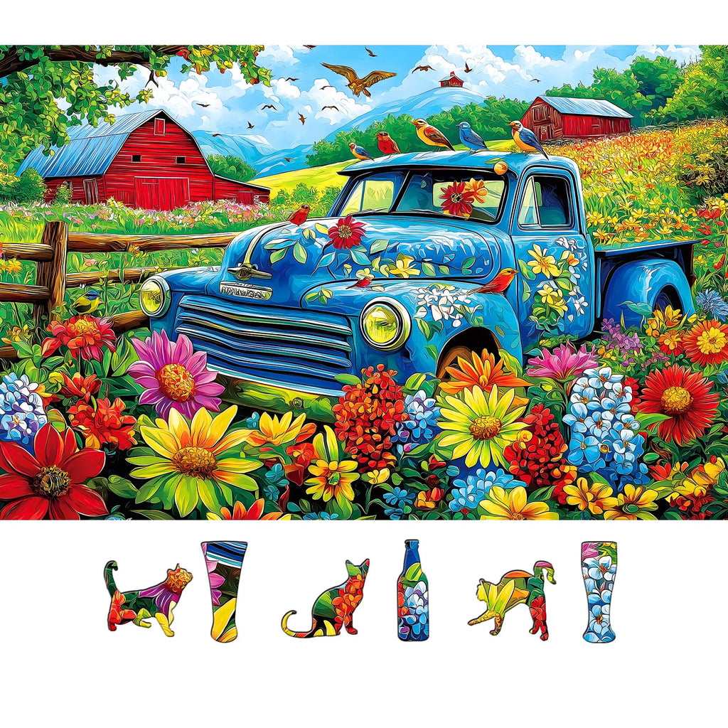 MINIWAN 500 Piece Jigsaw Puzzle - Vintage Blue Truck Flower Farm, 23"x15" with Letters on Back and Unique Shaped Pieces
