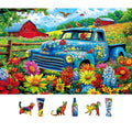 MINIWAN 500 Piece Jigsaw Puzzle - Vintage Blue Truck Flower Farm, 23"x15" with Letters on Back and Unique Shaped Pieces