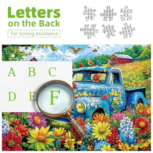 MINIWAN 500 Piece Jigsaw Puzzle - Vintage Blue Truck Flower Farm, 23"x15" with Letters on Back and Unique Shaped Pieces