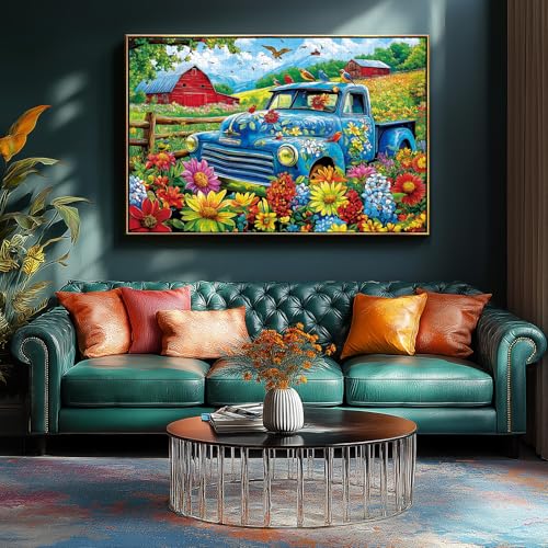MINIWAN 500 Piece Jigsaw Puzzle - Vintage Blue Truck Flower Farm, 23"x15" with Letters on Back and Unique Shaped Pieces