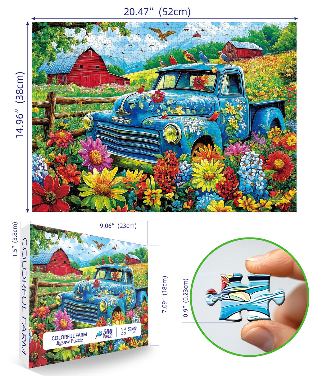 MINIWAN 500 Piece Jigsaw Puzzle - Vintage Blue Truck Flower Farm, 23"x15" with Letters on Back and Unique Shaped Pieces