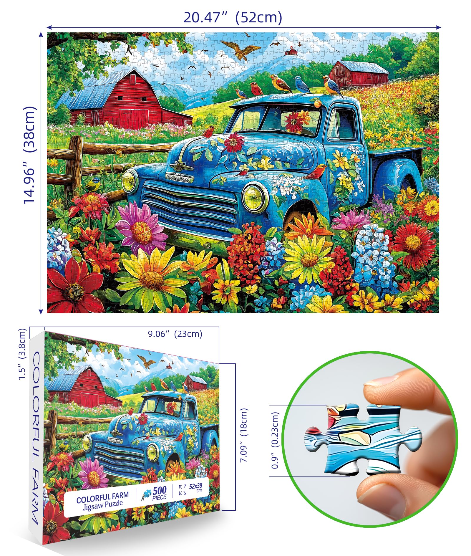 MINIWAN 500 Piece Jigsaw Puzzle - Vintage Blue Truck Flower Farm, 23"x15" with Letters on Back and Unique Shaped Pieces