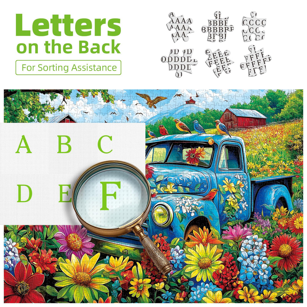 MINIWAN 500 Piece Jigsaw Puzzle - Vintage Blue Truck Flower Farm, 23"x15" with Letters on Back and Unique Shaped Pieces