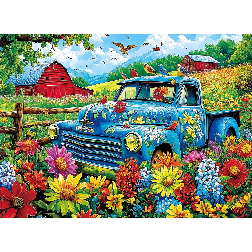 MINIWAN 500 Piece Jigsaw Puzzle - Vintage Blue Truck Flower Farm, 23"x15" with Letters on Back and Unique Shaped Pieces