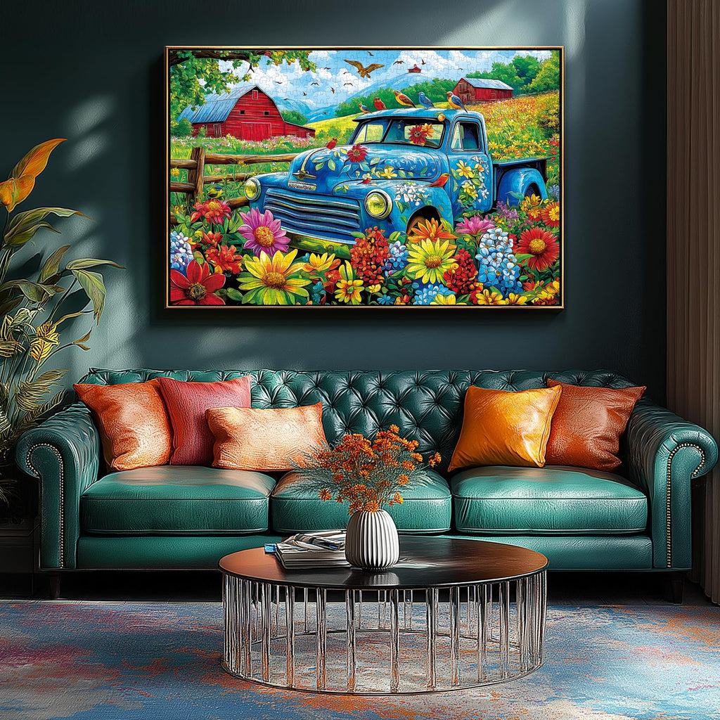 MINIWAN 500 Piece Jigsaw Puzzle - Vintage Blue Truck Flower Farm, 23"x15" with Letters on Back and Unique Shaped Pieces