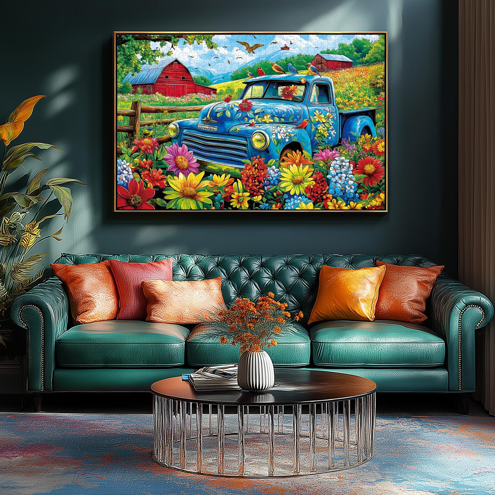 MINIWAN 500 Piece Jigsaw Puzzle - Vintage Blue Truck Flower Farm, 23"x15" with Letters on Back and Unique Shaped Pieces