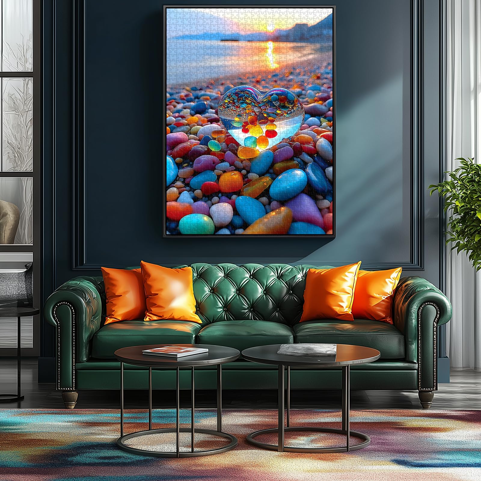 MINIWAN 500-Piece Jigsaw Puzzle for Adults – Sunset Beach Scene with Heart-Shaped Pebbles, 23x15 Inches