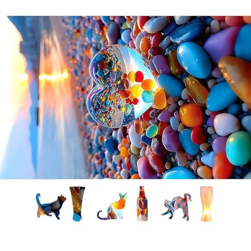 MINIWAN 500-Piece Jigsaw Puzzle for Adults – Sunset Beach Scene with Heart-Shaped Pebbles, 23x15 Inches