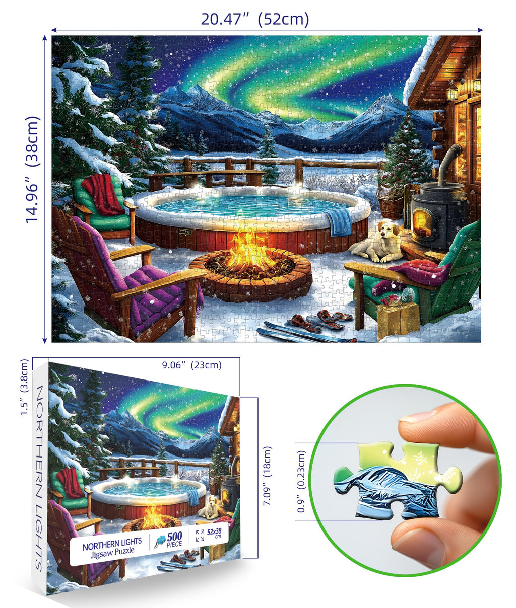 MINIWAN 500-Piece Northern Lights Cabin Jigsaw Puzzle – 23x15 Inches with Letter-Coded Sections and Poster