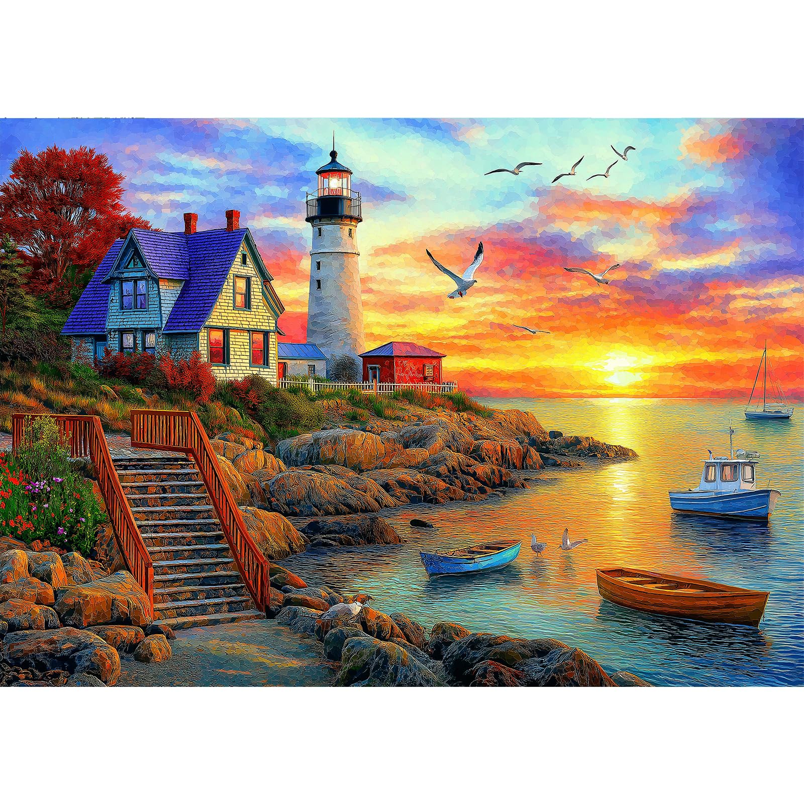 MINIWAN Lighthouse Sunset 500 Piece Jigsaw Puzzle for Adults – Coastal Scene with Boats, 21x15 Inches, Includes HD Poster