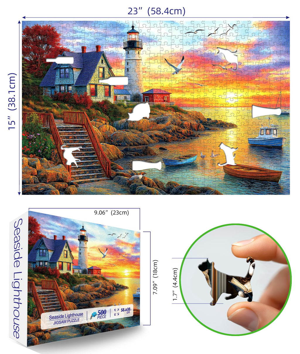 MINIWAN Lighthouse Sunset 500 Piece Jigsaw Puzzle for Adults – Coastal Scene with Boats, 21x15 Inches, Includes HD Poster