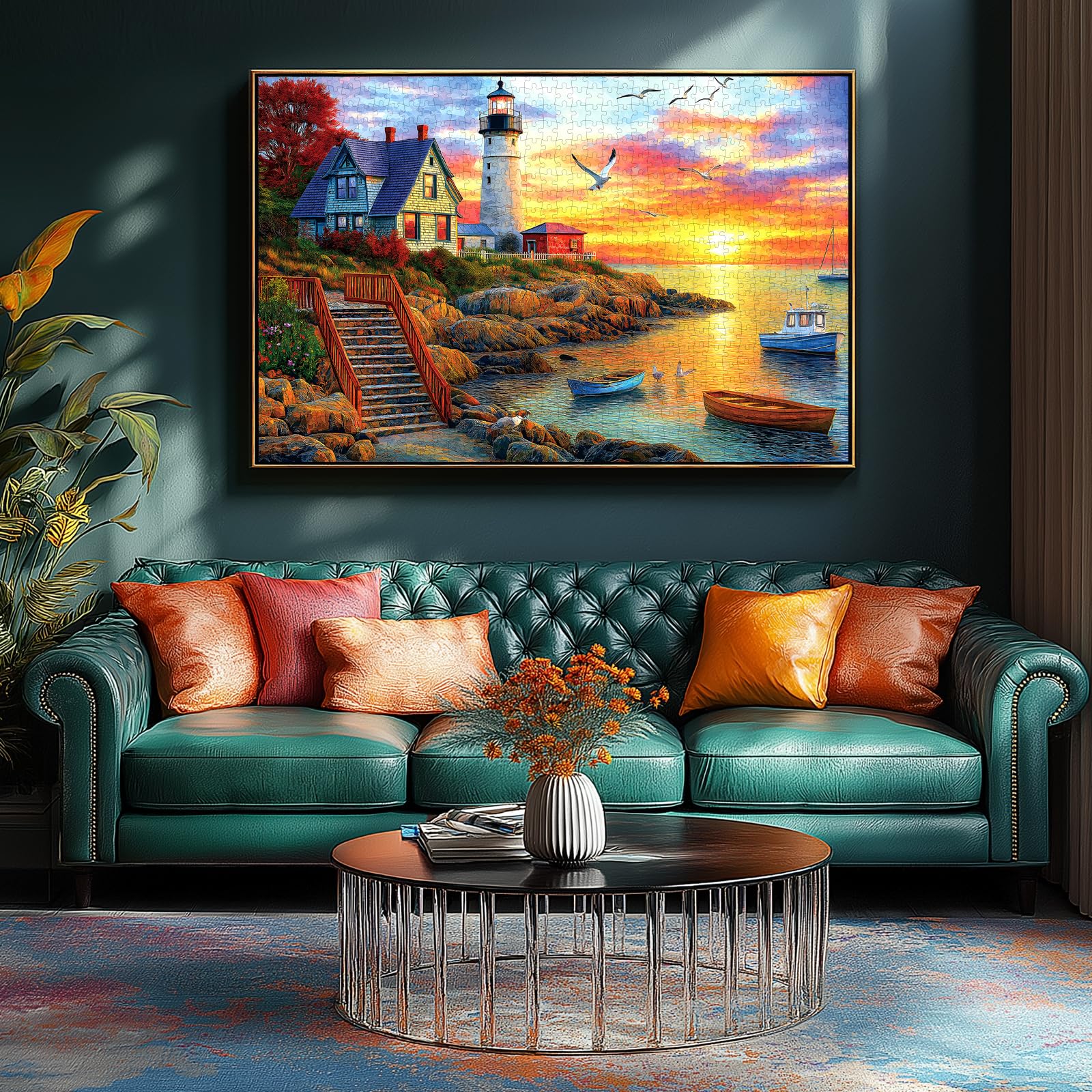 MINIWAN Lighthouse Sunset 500 Piece Jigsaw Puzzle for Adults – Coastal Scene with Boats, 21x15 Inches, Includes HD Poster