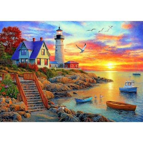 MINIWAN Lighthouse Sunset 500 Piece Jigsaw Puzzle for Adults – Coastal Scene with Boats, 21x15 Inches, Includes HD Poster