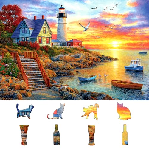 MINIWAN Lighthouse Sunset 500 Piece Jigsaw Puzzle for Adults – Coastal Scene with Boats, 21x15 Inches, Includes HD Poster