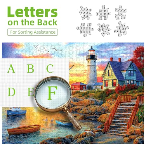 MINIWAN Lighthouse Sunset 500 Piece Jigsaw Puzzle for Adults – Coastal Scene with Boats, 21x15 Inches, Includes HD Poster