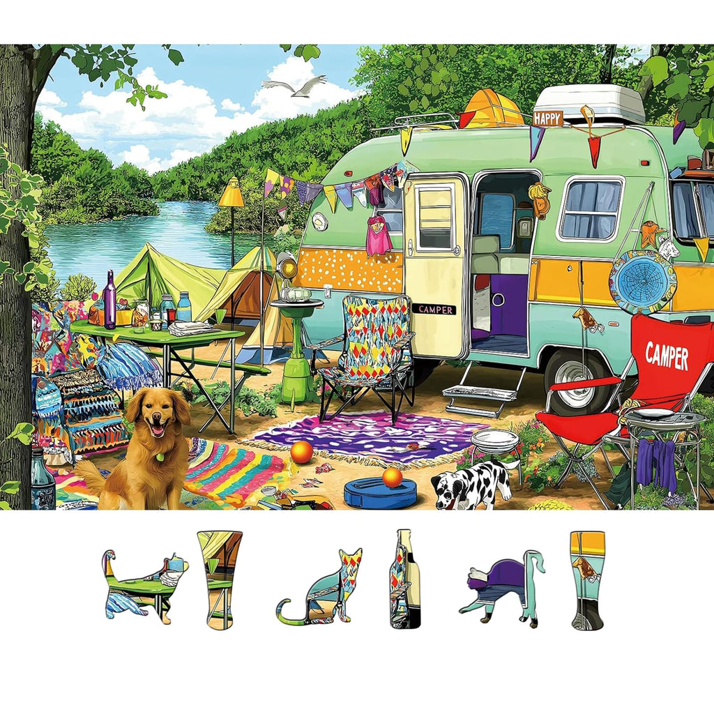 MINIWAN Retro Lakeside Camping Puzzle – 500 Pieces, 23x15 Inch Jigsaw for Adults and Family Fun