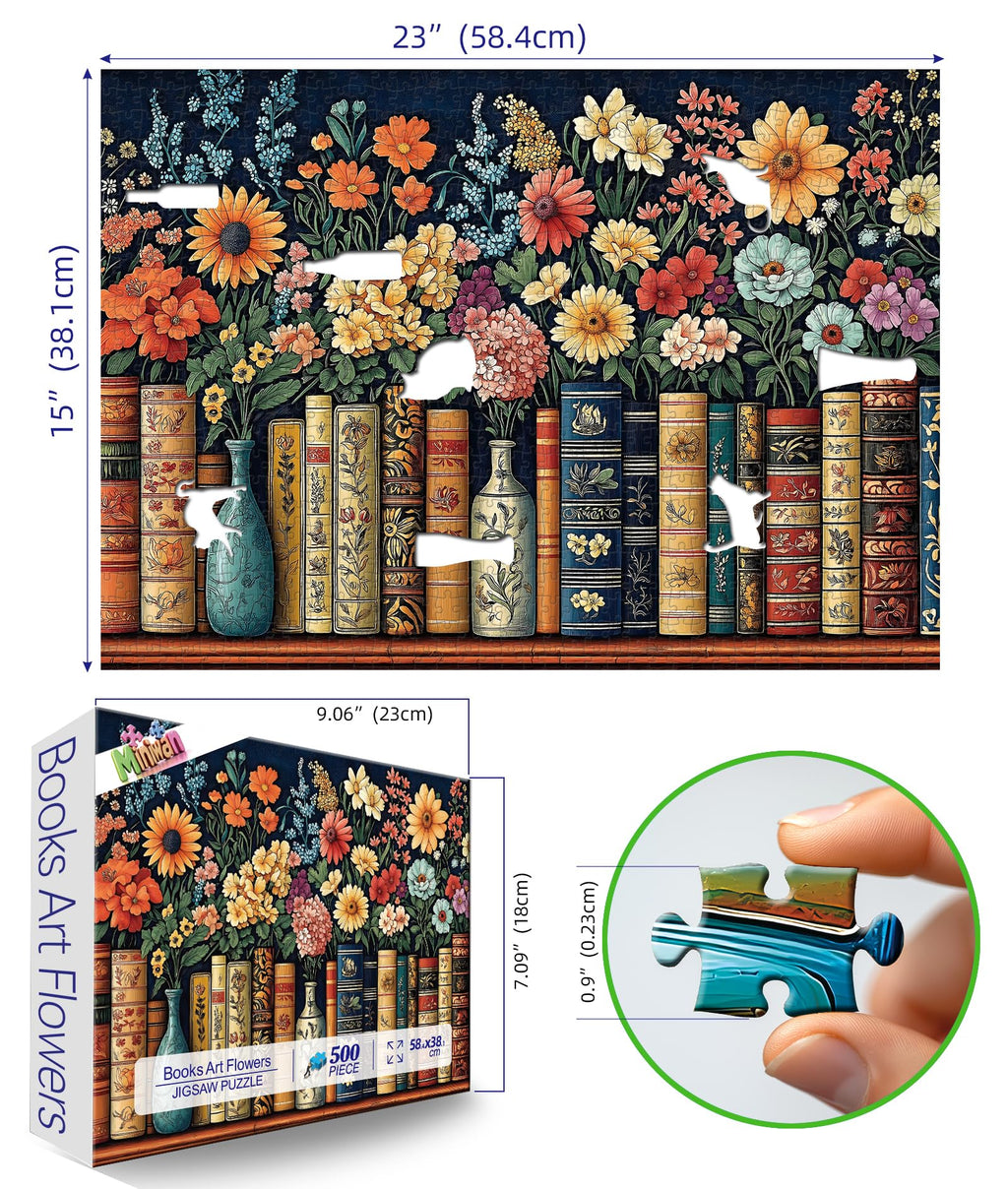 MINIWAN Vintage Books & Flowers 500-Piece Jigsaw Puzzle – Floral Library Scene, 23x15 Inches