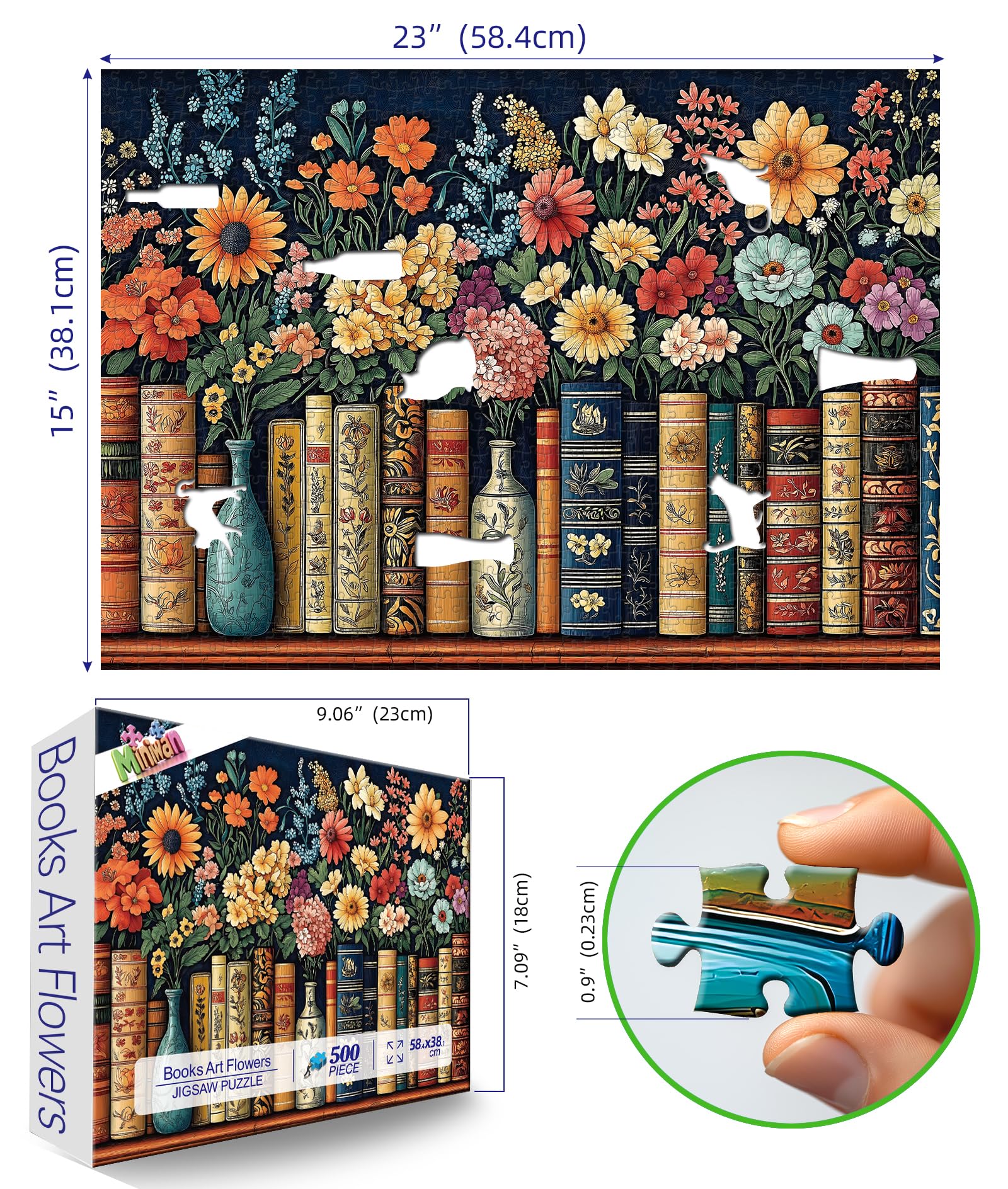 MINIWAN Vintage Books & Flowers 500-Piece Jigsaw Puzzle – Floral Library Scene, 23x15 Inches