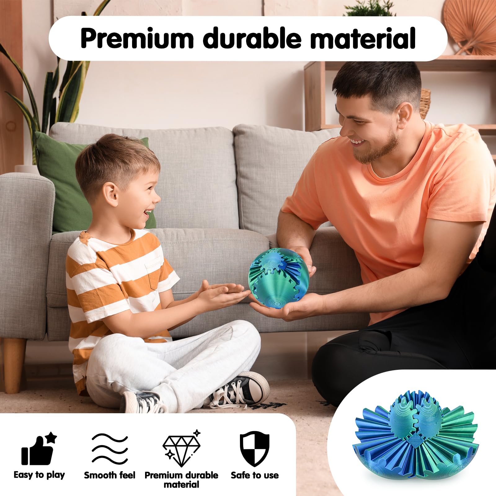 Minleway Gear Ball 3D Printed Fidget Toy – Blue Green, 3.1 Inch – Rotating Gear Sphere for Stress Relief and Anxiety
