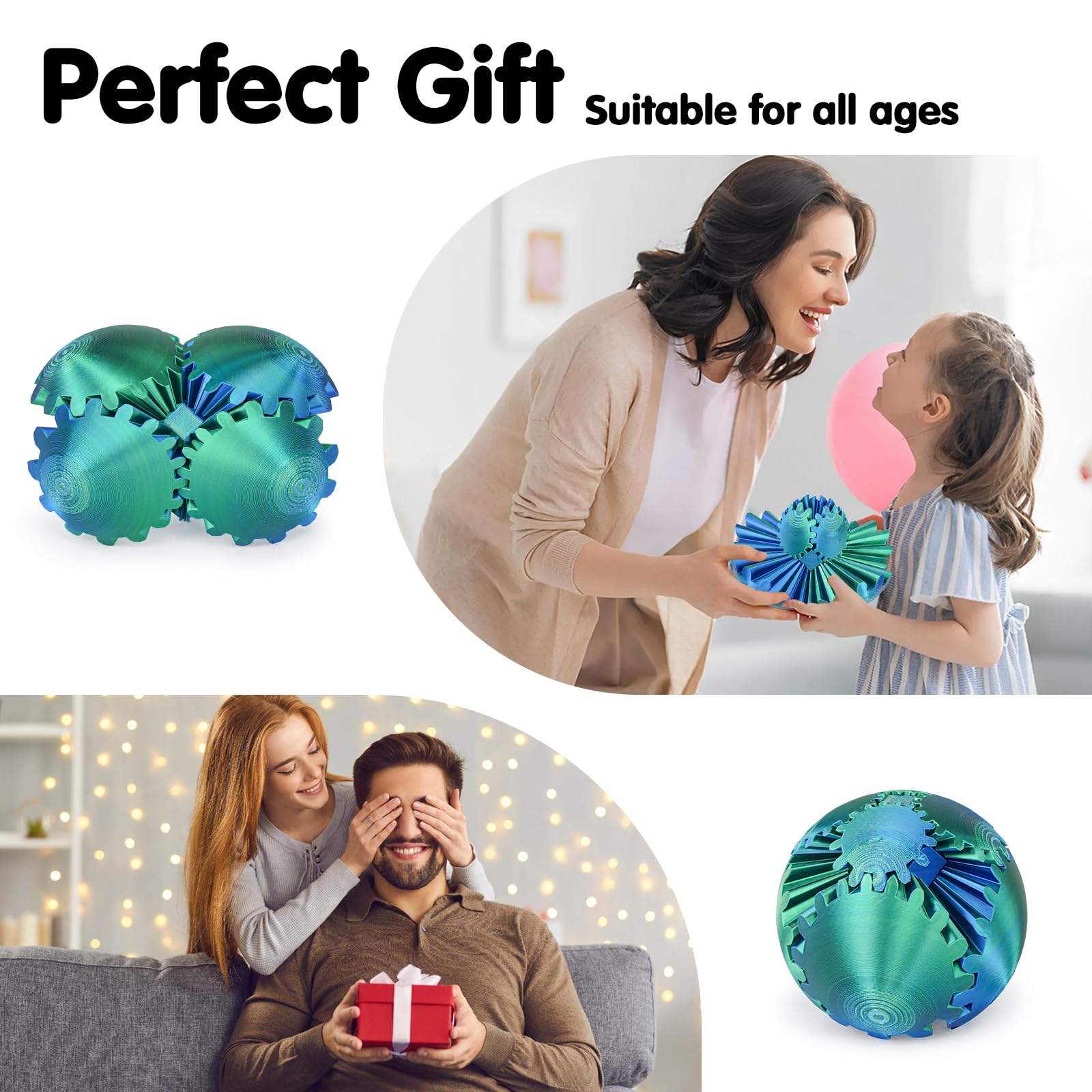 Minleway Gear Ball 3D Printed Fidget Toy – Blue Green, 3.1 Inch – Rotating Gear Sphere for Stress Relief and Anxiety