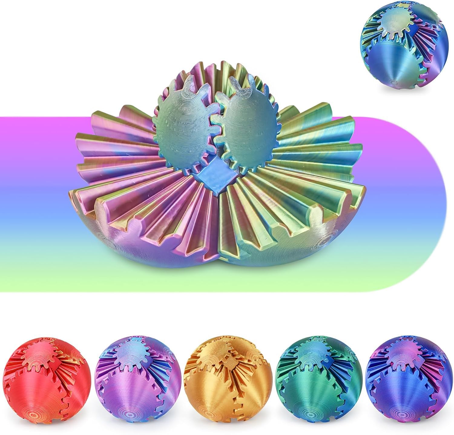 Minleway Gear Ball 3D Printed Fidget Toy – Blue Green Purple, 2.3 Inch Sensory Sphere for Stress Relief