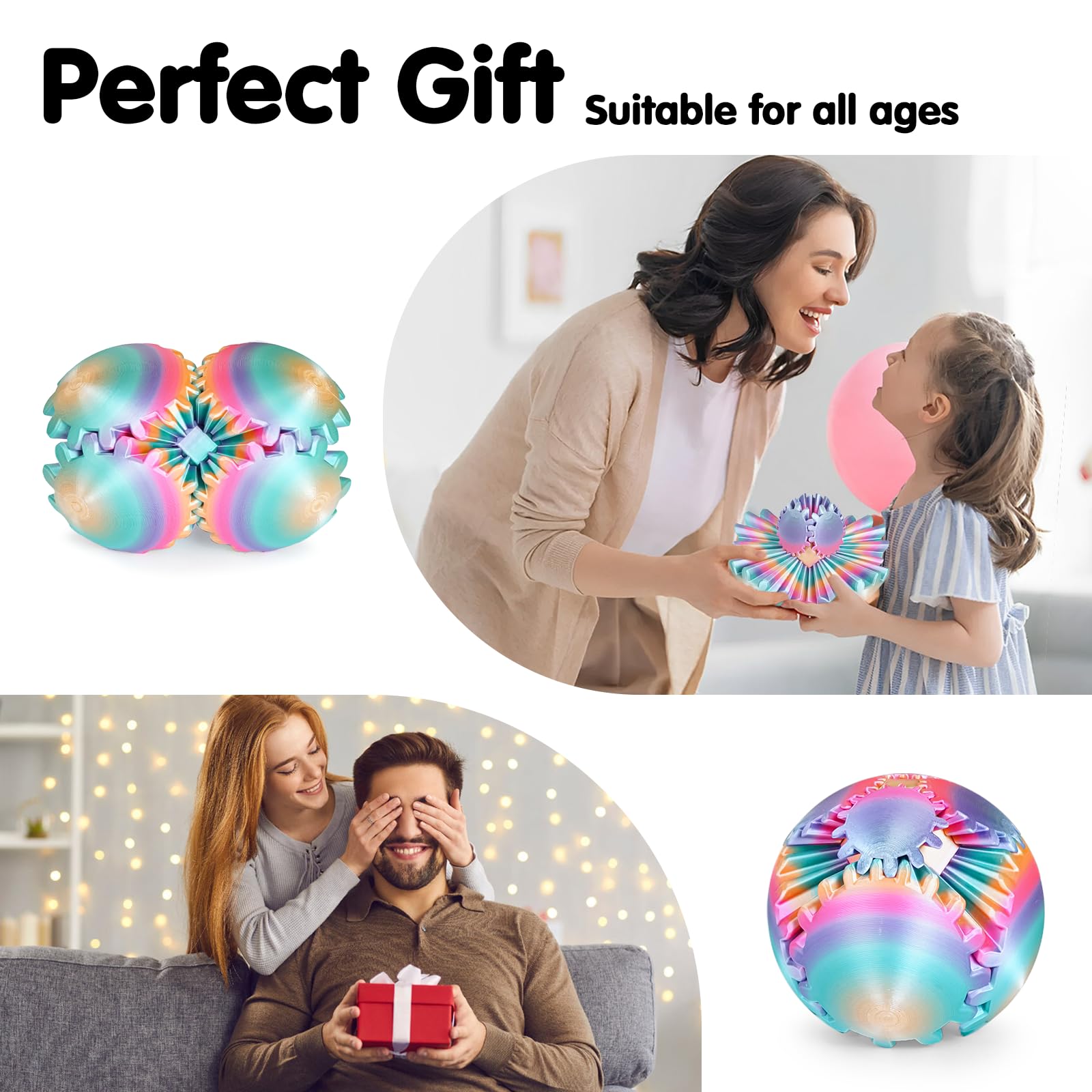 Minleway GearSphere 3D Printed Fidget Ball – Rainbow Gear Toy for Stress Relief (3.1 Inch)