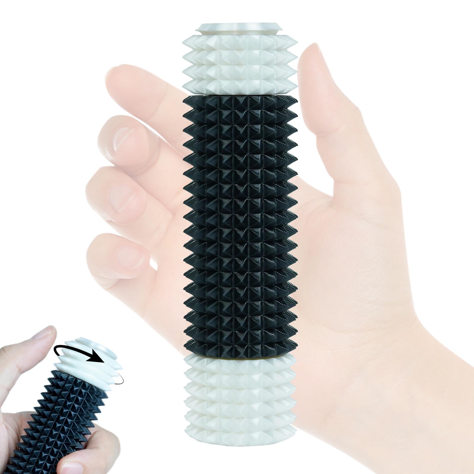 Minleway Spiky 3-Part Rotating Fidget Toy for Stress Relief – White Black