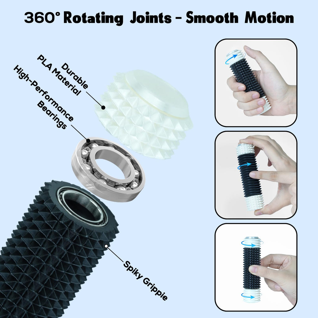 Minleway Spiky 3-Part Rotating Fidget Toy for Stress Relief – White Black