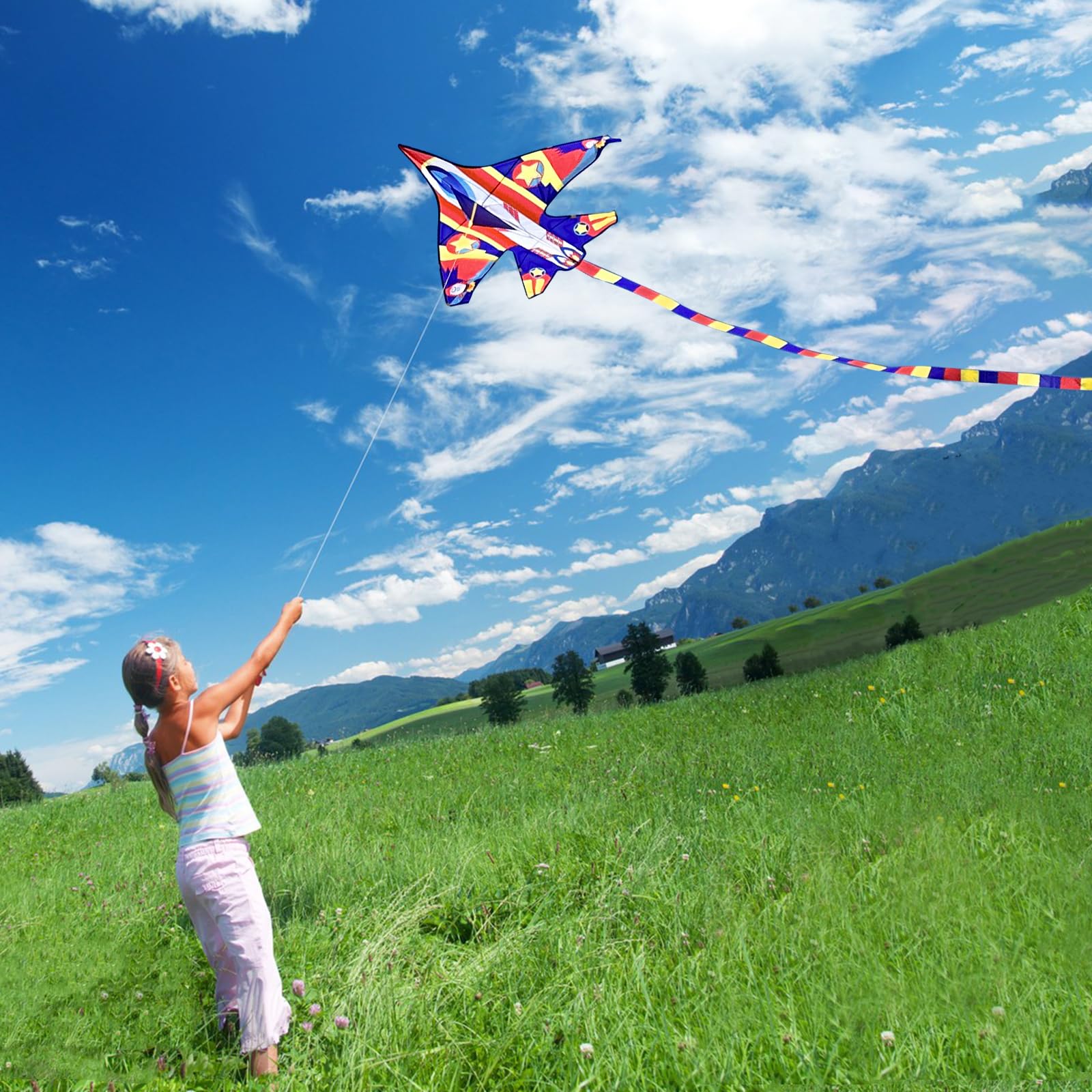 Mint's Colorful Life Airplane Kite 59" - Easy to Fly with 300ft String - Red Yellow Blue for Kids and Beginners