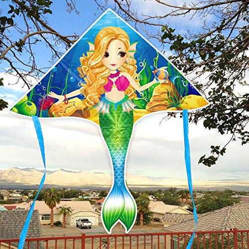 Mint's Colorful Life Large Mermaid Kite – Easy-Fly Delta Kite for Girls and Kids with Strong Rods and 300ft Line