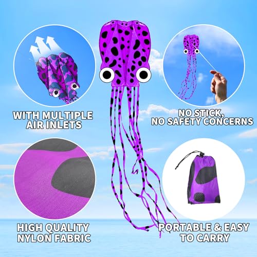 Mint's Colorful Life Purple Spotty Octopus Kite - Large 3D Soft Kite with Long Tail, Easy to Fly for Beach and Park