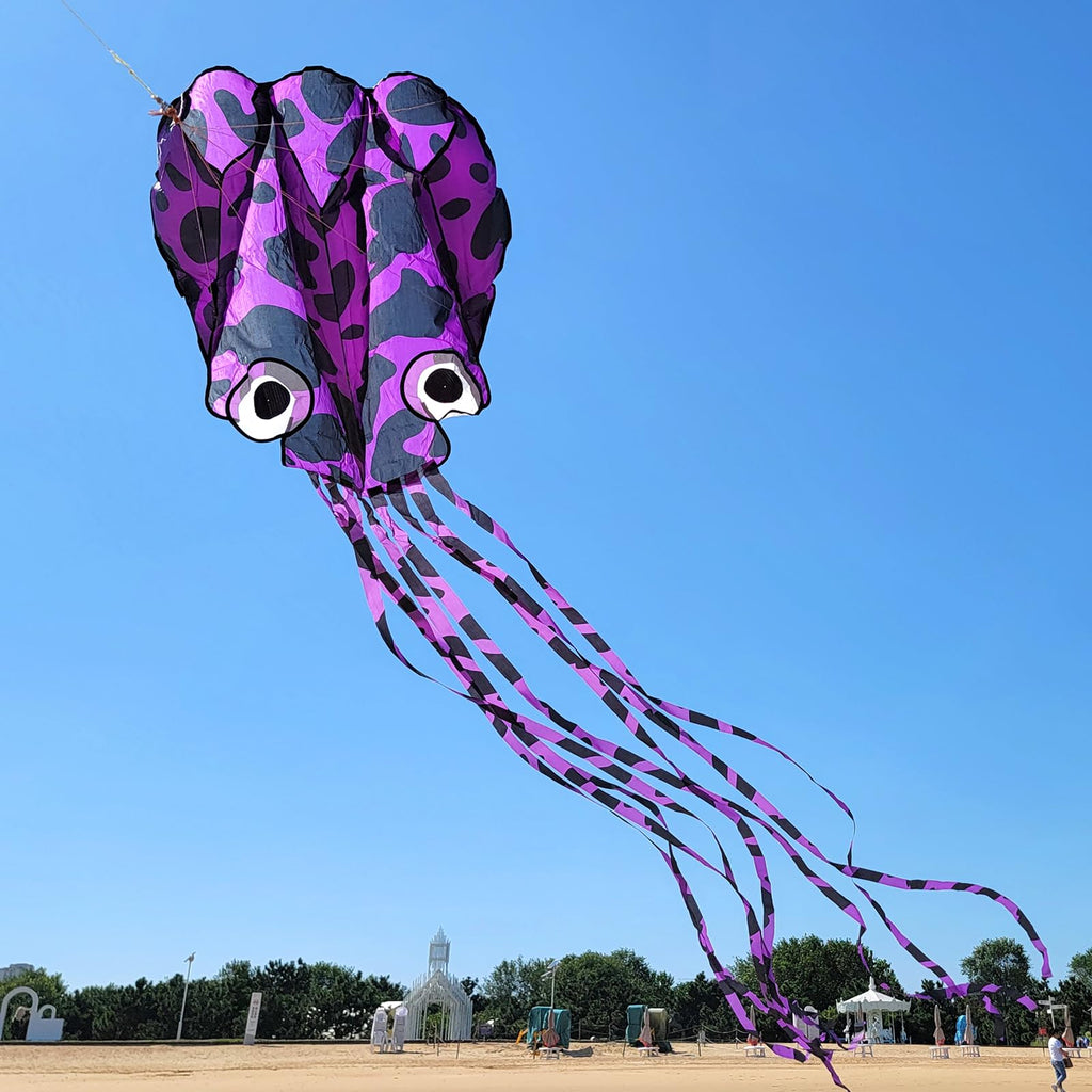 Mint's Colorful Life Purple Spotty Octopus Kite - Large 3D Soft Kite with Long Tail, Easy to Fly for Beach and Park