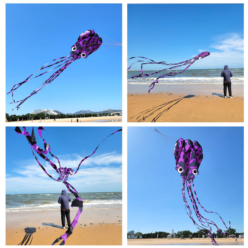 Mint's Colorful Life Purple Spotty Octopus Kite - Large 3D Soft Kite with Long Tail, Easy to Fly for Beach and Park