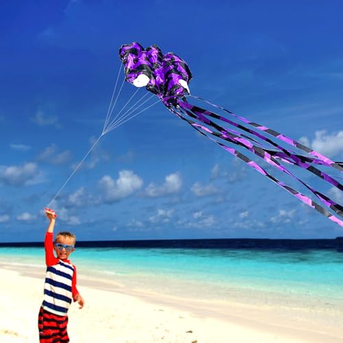 Mint's Colorful Life Purple Spotty Octopus Kite - Large 3D Soft Kite with Long Tail, Easy to Fly for Beach and Park