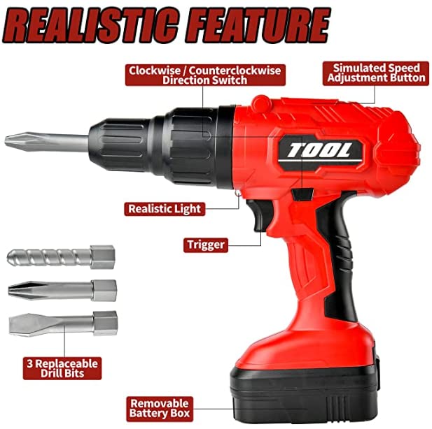 Misco Battery Operated Power Drill Toy with Sound, Light, and Adjustable Speed for Kids Ages 3+