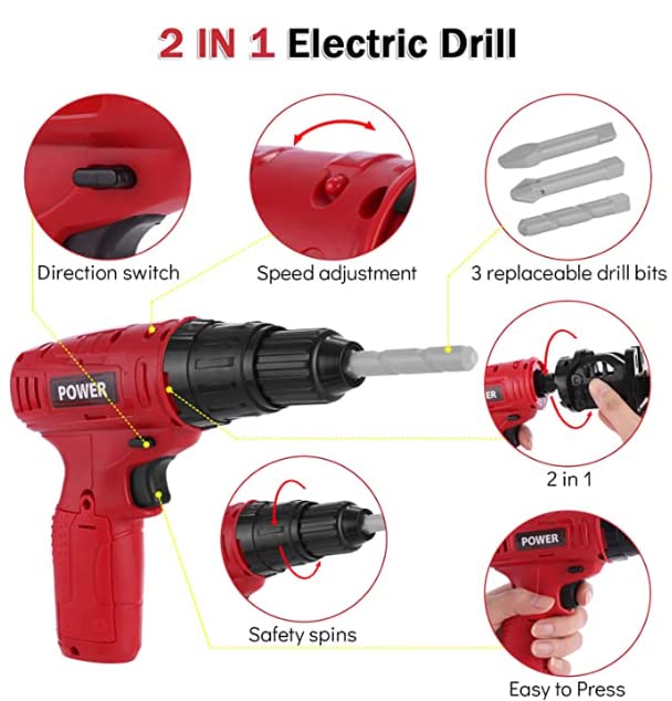 Misco Battery Operated Power Drill Toy with Sound, Light, and Adjustable Speed for Kids Ages 3+